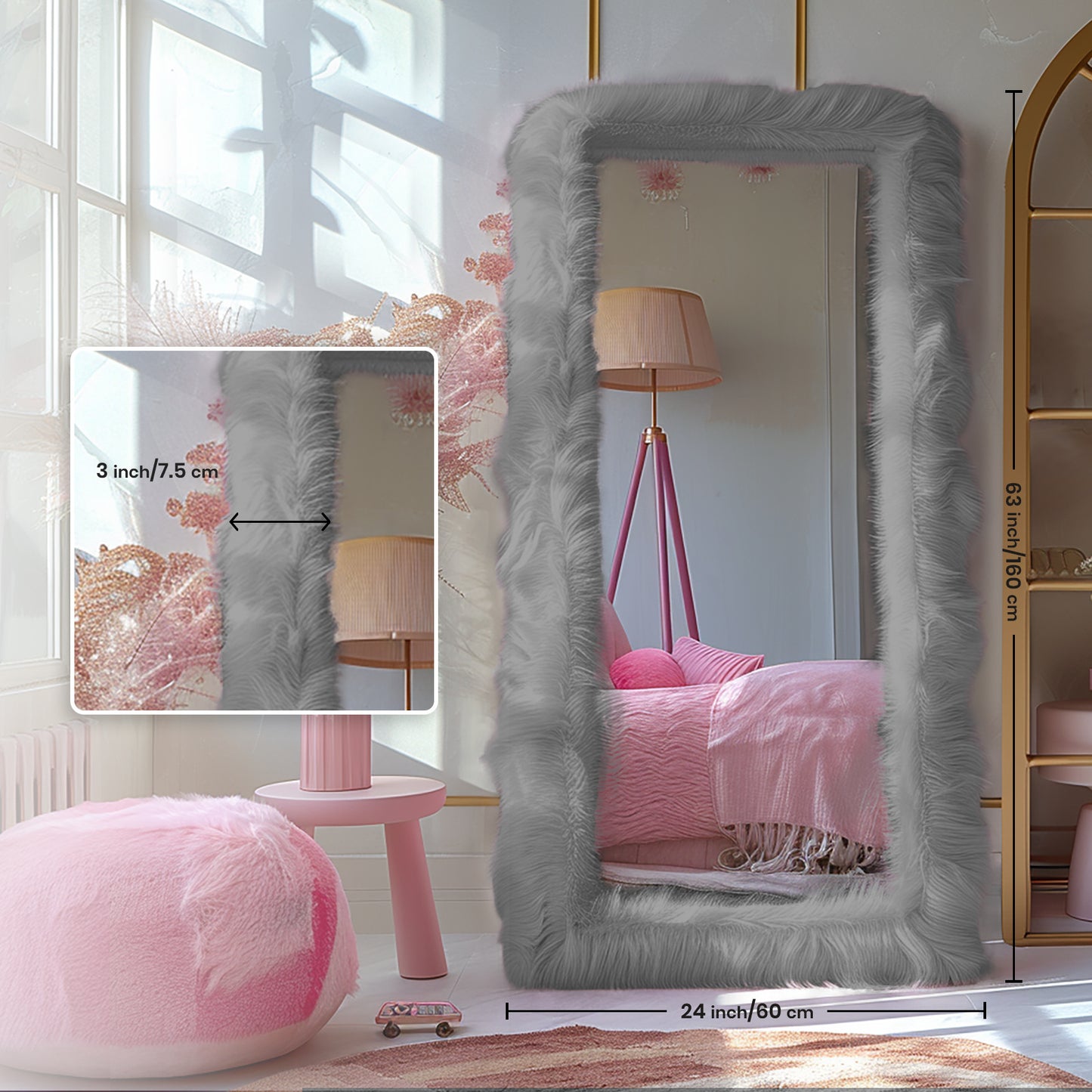 24" x 63" Chic Faux Fur Framed Full Length Mirror - Uniquely Designed High-End Full Body Dressing Mirror for Bedroom, Living Room, Hallway