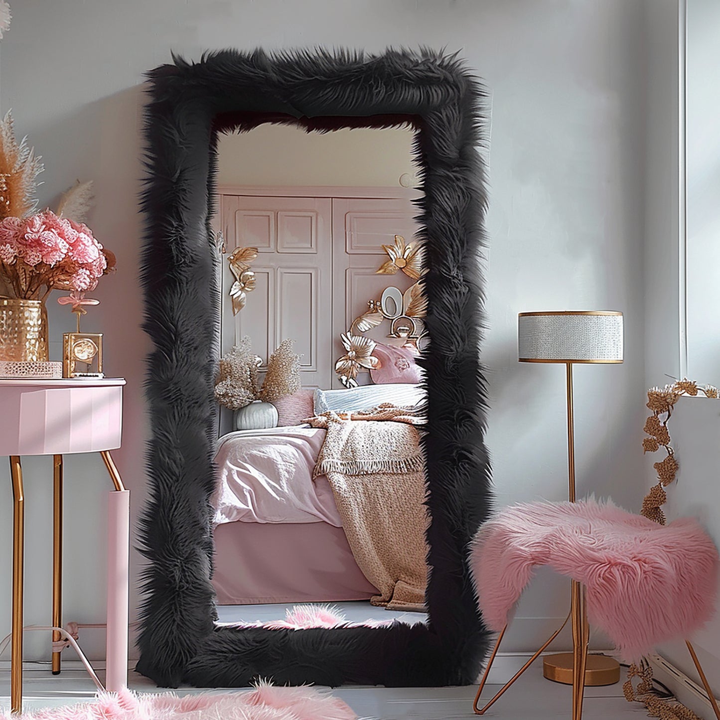 24" x 63" Chic Faux Fur Framed Full Length Mirror - Uniquely Designed High-End Full Body Dressing Mirror for Bedroom, Living Room, Hallway