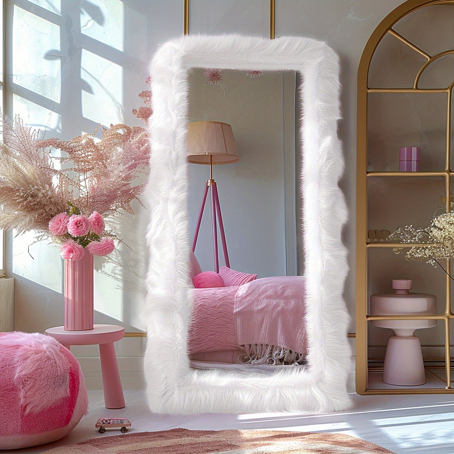 24" x 63" Chic Faux Fur Framed Full Length Mirror - Uniquely Designed High-End Full Body Dressing Mirror for Bedroom, Living Room, Hallway