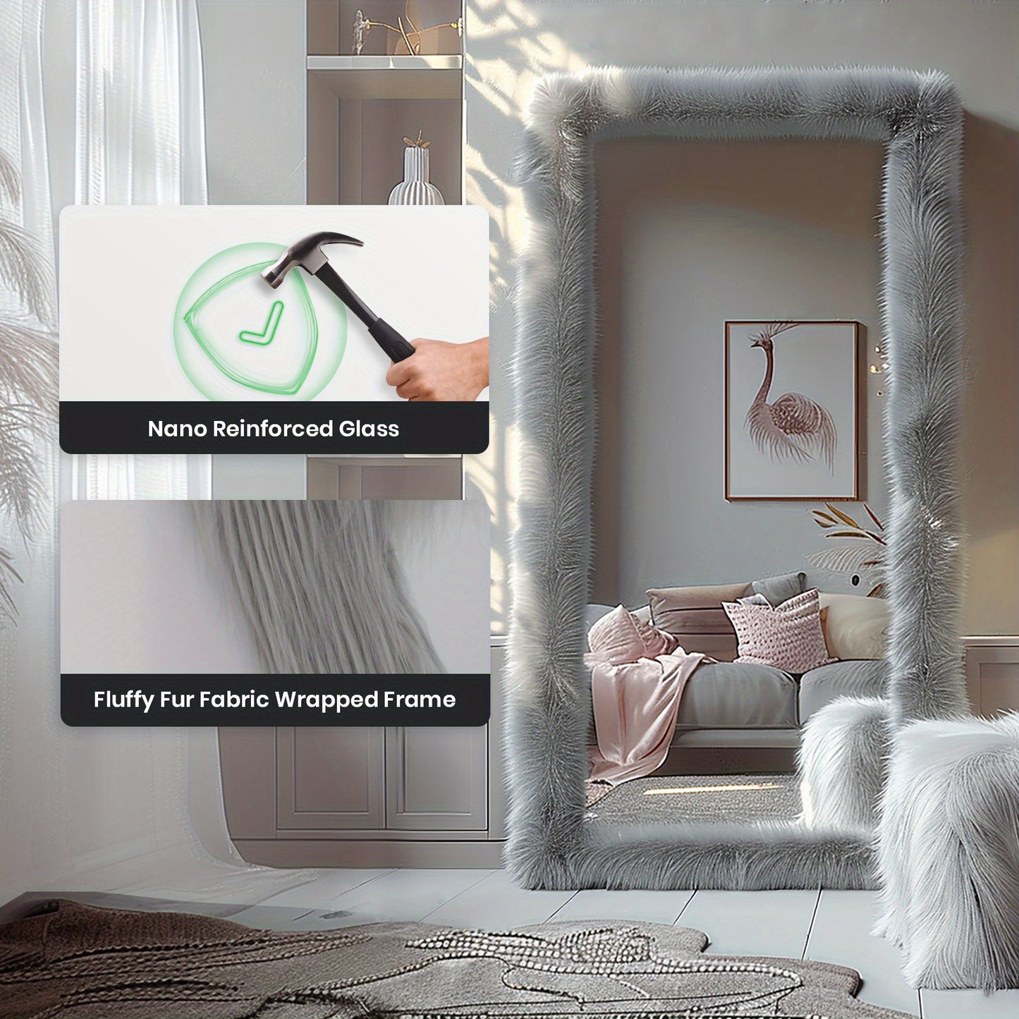 24" x 63" Chic Faux Fur Framed Full Length Mirror - Uniquely Designed High-End Full Body Dressing Mirror for Bedroom, Living Room, Hallway