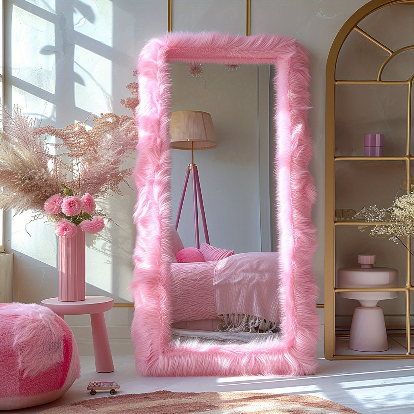 24" x 63" Chic Faux Fur Framed Full Length Mirror - Uniquely Designed High-End Full Body Dressing Mirror for Bedroom, Living Room, Hallway