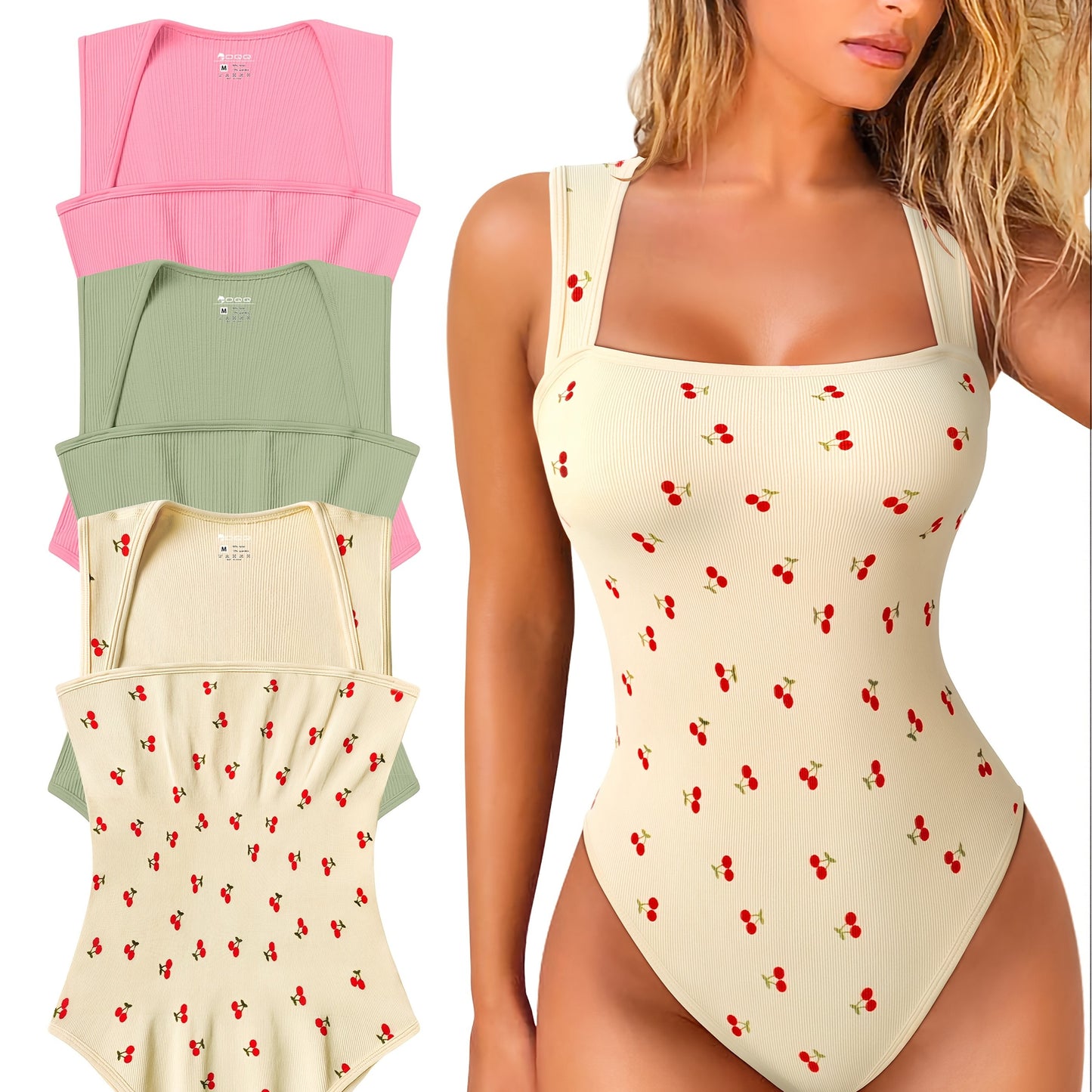 3pcs Women'S High Stretch Nylon Bodysuits, Floral Pattern Knit Fabric Jumpsuits, Sleeveless, Strappy Square Neck, Tummy Control, with Polyamide Lining, for No Padding