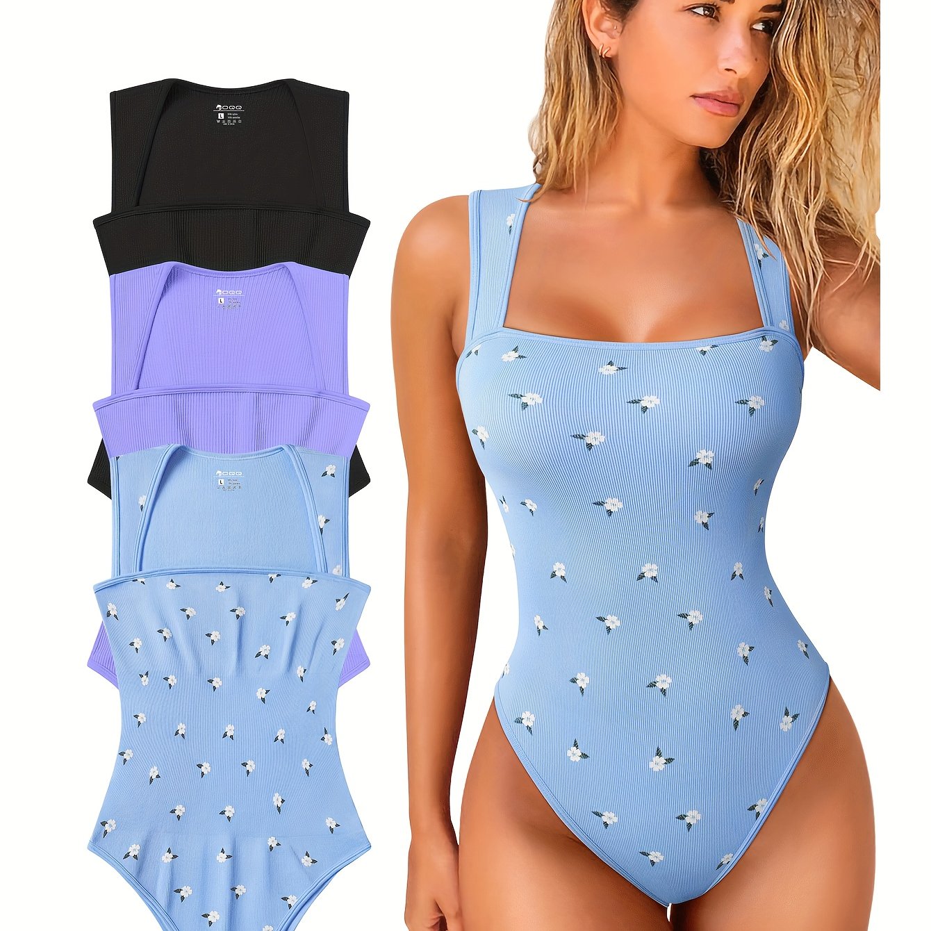 3pcs Women'S High Stretch Nylon Bodysuits, Floral Pattern Knit Fabric Jumpsuits, Sleeveless, Strappy Square Neck, Tummy Control, with Polyamide Lining, for No Padding