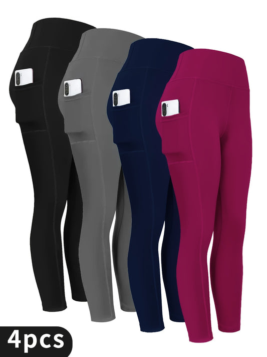 4-Pack High-Waisted Polyamide Yoga Pants with Pockets, Knit Fabric, Stretchy, Non-Waterproof, Belt Detail, Solid Color, for Leisure, Sports, and Yoga - Spring/Summer/Fall Collection