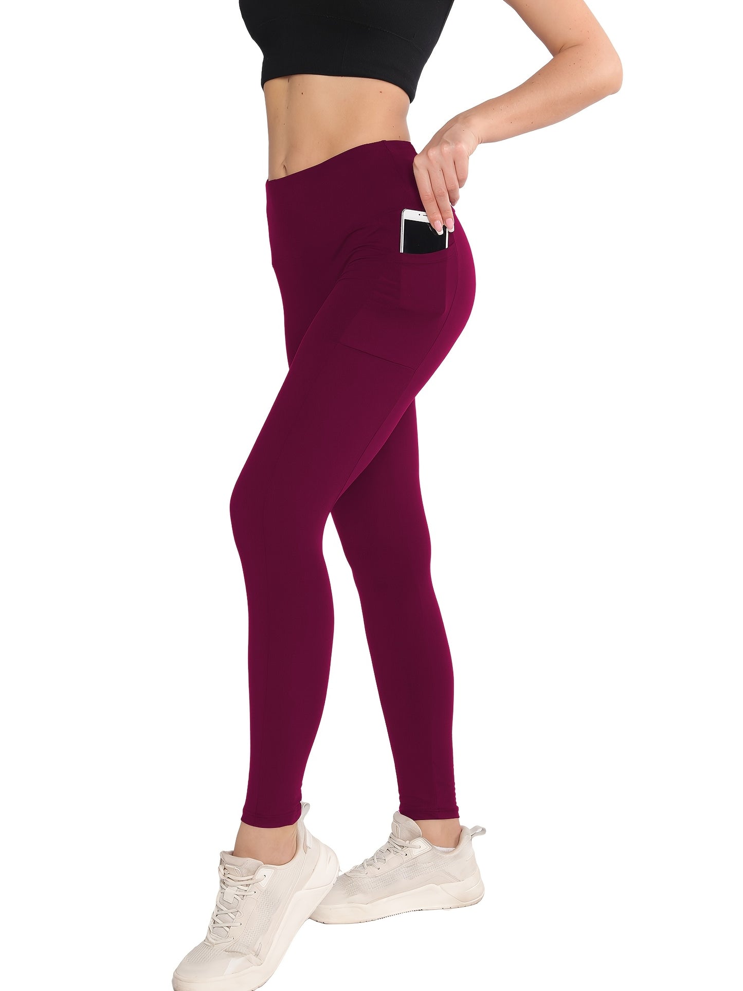 4-Pack High-Waisted Polyamide Yoga Pants with Pockets, Knit Fabric, Stretchy, Non-Waterproof, Belt Detail, Solid Color, for Leisure, Sports, and Yoga - Spring/Summer/Fall Collection