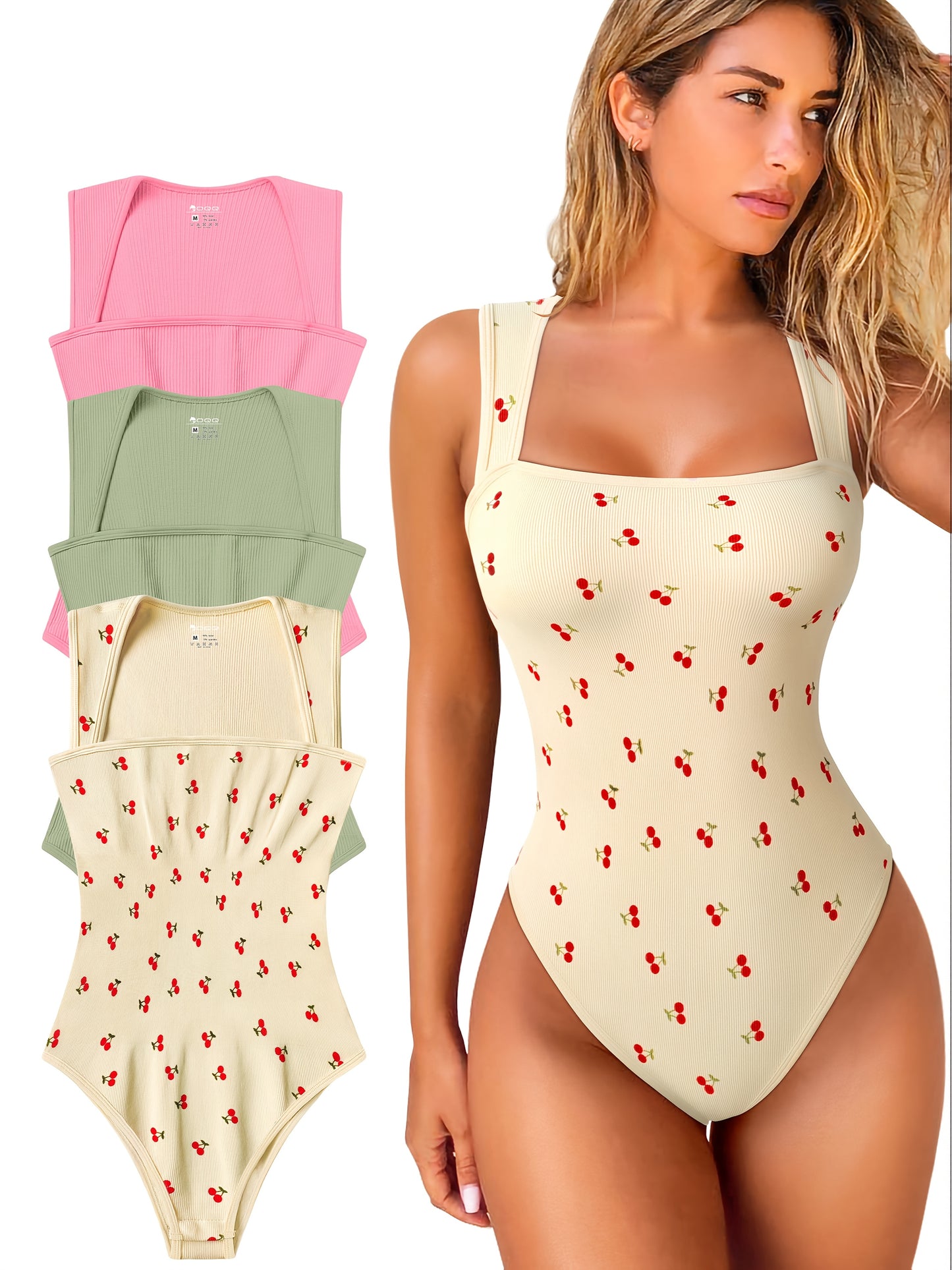 3pcs Women'S High Stretch Nylon Bodysuits, Floral Pattern Knit Fabric Jumpsuits, Sleeveless, Strappy Square Neck, Tummy Control, with Polyamide Lining, for No Padding