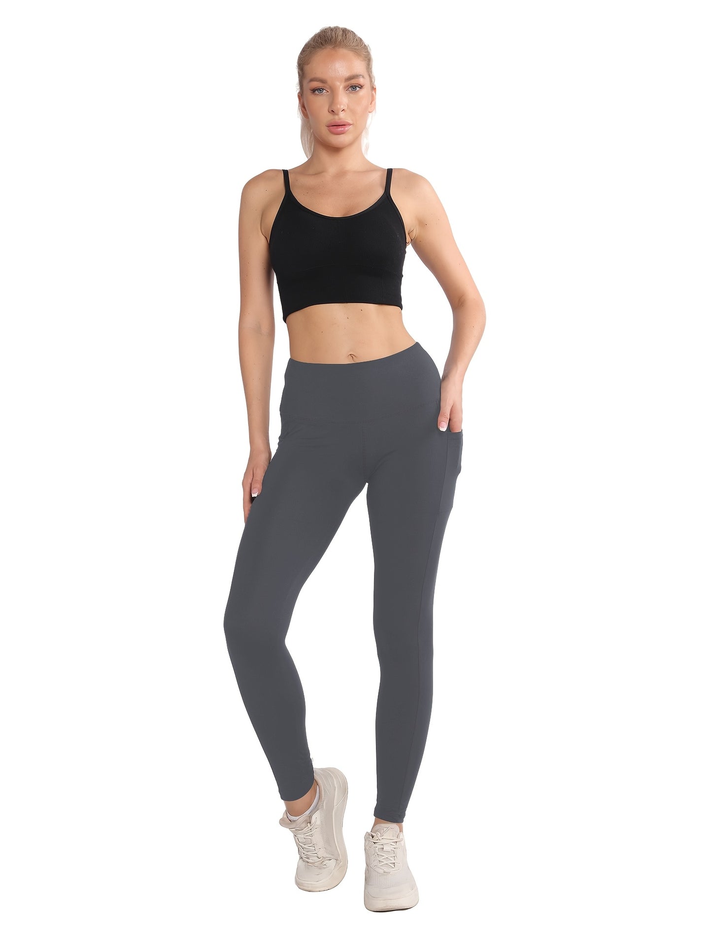 4-Pack High-Waisted Polyamide Yoga Pants with Pockets, Knit Fabric, Stretchy, Non-Waterproof, Belt Detail, Solid Color, for Leisure, Sports, and Yoga - Spring/Summer/Fall Collection