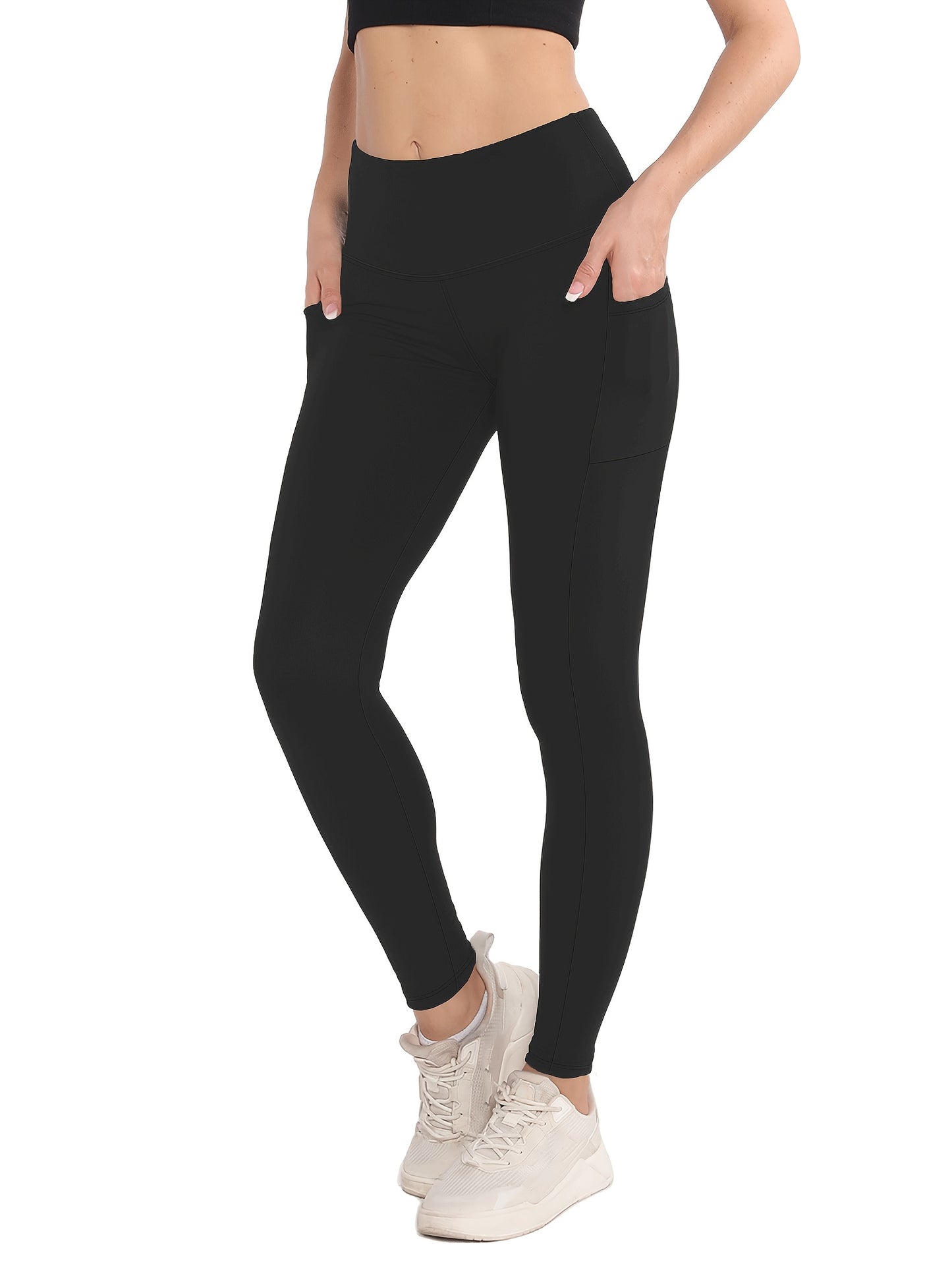 4-Pack High-Waisted Polyamide Yoga Pants with Pockets, Knit Fabric, Stretchy, Non-Waterproof, Belt Detail, Solid Color, for Leisure, Sports, and Yoga - Spring/Summer/Fall Collection