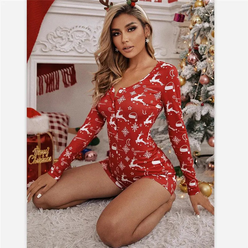 Christmas Printed Pattern Pajama Y2k V-neck Bodysuit Women Long Sleeve Bodycon Playsuit Harajuku Christmas Rompers Sleepwear