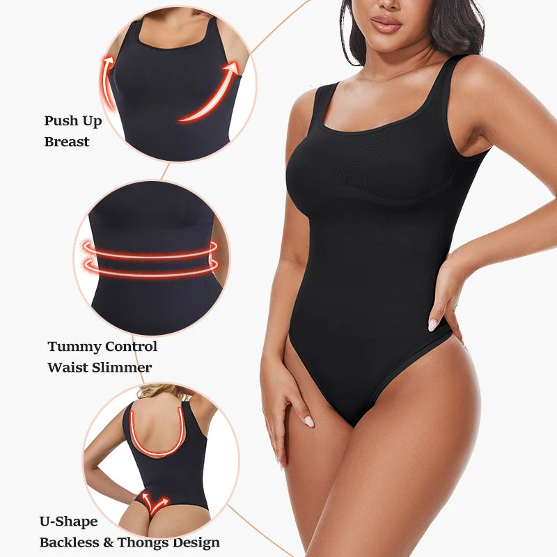 Bodysuits for Women Tummy Control Shapewear Sleeveless Square Neck Backless Tank Top Casual Thong Bodysuit Slimming Body Shaper