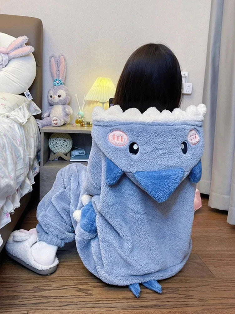 Cartoon Cute Shark Women's  Hooded Sleepwear Pijama jumpsuit Female Set Cute  Christmas Party Loungewear