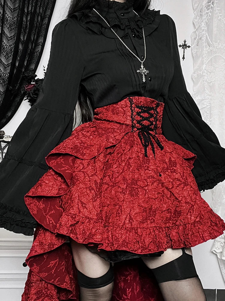 AltGoth Fairycore Grunge Lolita Skirt Women Dark Gothic Christmas High Waist Bandage Corset Skirt Aesthetic Streetwear Partywear