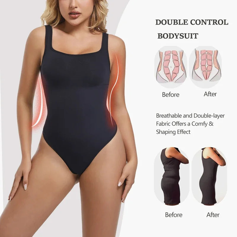 Bodysuits for Women Tummy Control Shapewear Sleeveless Square Neck Backless Tank Top Casual Thong Bodysuit Slimming Body Shaper