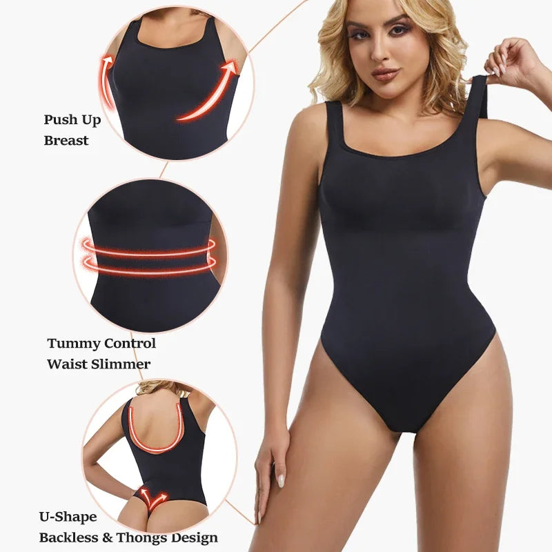 Bodysuits for Women Tummy Control Shapewear Sleeveless Square Neck Backless Tank Top Casual Thong Bodysuit Slimming Body Shaper