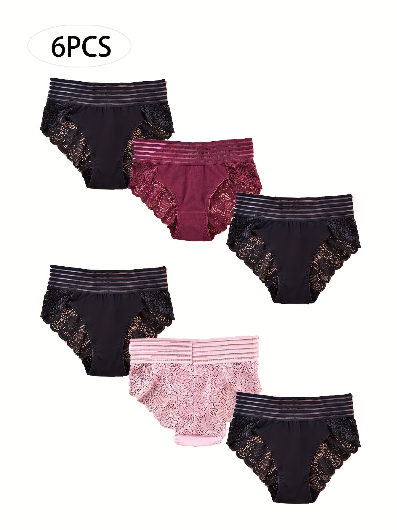 6PCS Lace Mid-rise Temptation Sexy Women's Panties Transparent Openwork Lingerie Briefs