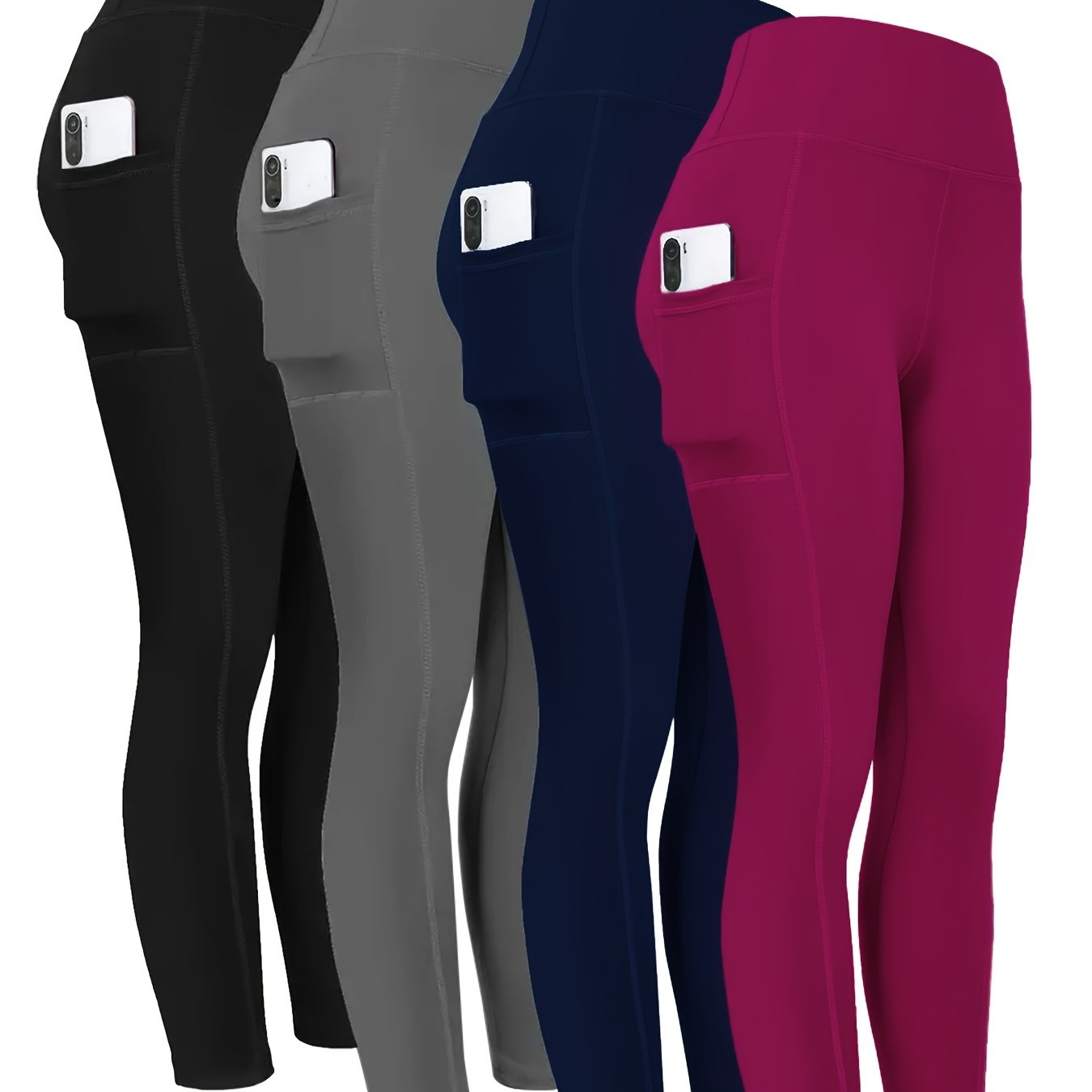 4-Pack High-Waisted Polyamide Yoga Pants with Pockets, Knit Fabric, Stretchy, Non-Waterproof, Belt Detail, Solid Color, for Leisure, Sports, and Yoga - Spring/Summer/Fall Collection