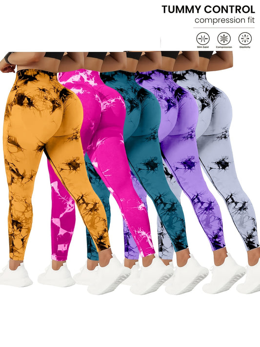 5-Pack Comfortable High Waist Tummy Control Yoga Pants, Stretchy Quick-Drying Summer Tie-Dye Fitness Leggings for Women, Assorted Colors