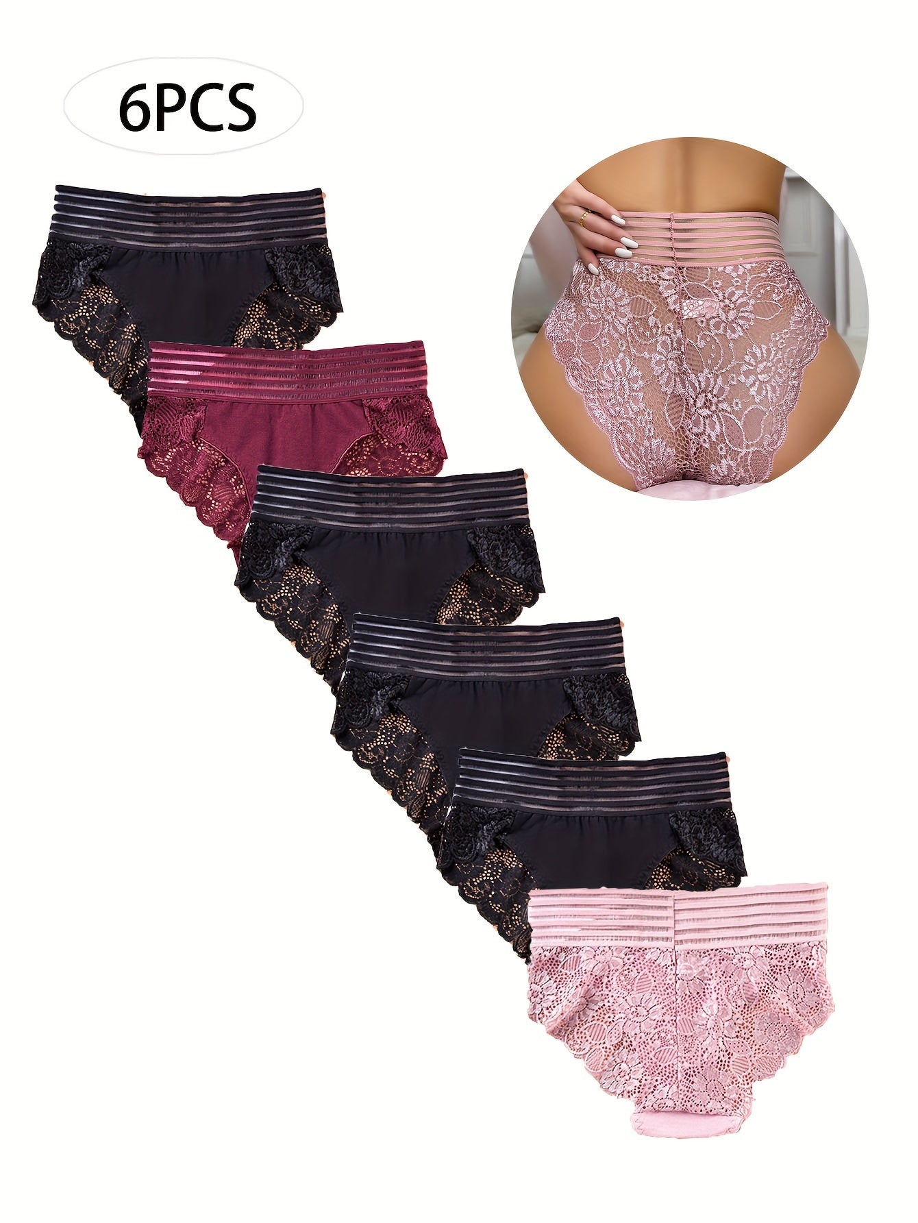 6PCS Lace Mid-rise Temptation Sexy Women's Panties Transparent Openwork Lingerie Briefs