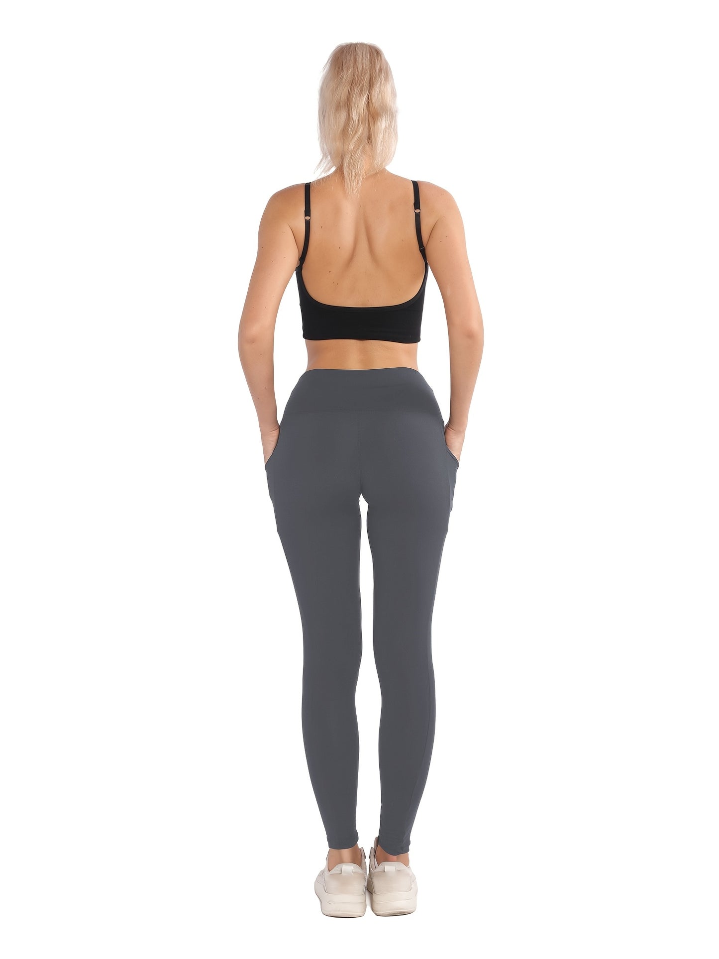 4-Pack High-Waisted Polyamide Yoga Pants with Pockets, Knit Fabric, Stretchy, Non-Waterproof, Belt Detail, Solid Color, for Leisure, Sports, and Yoga - Spring/Summer/Fall Collection