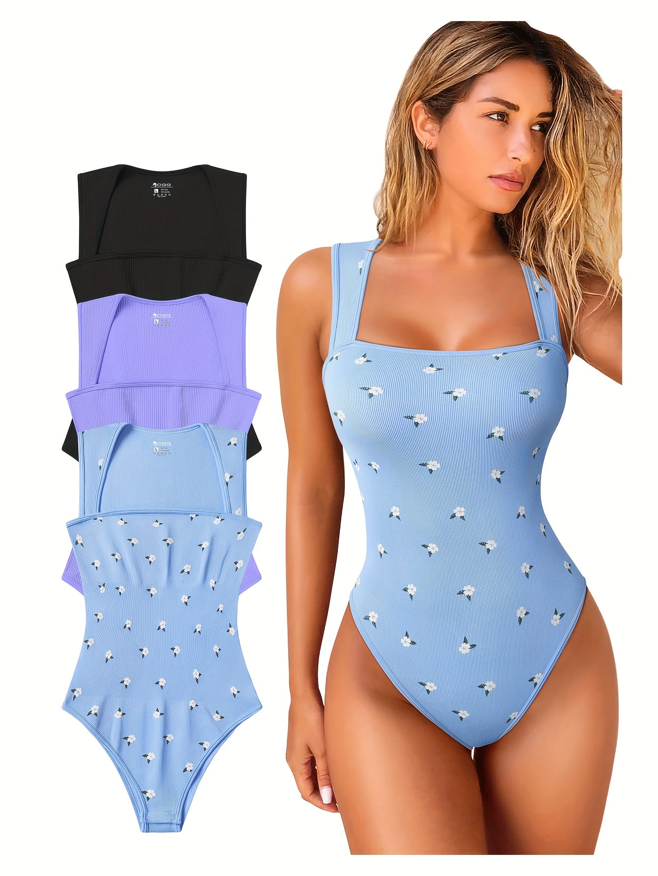 3pcs Women'S High Stretch Nylon Bodysuits, Floral Pattern Knit Fabric Jumpsuits, Sleeveless, Strappy Square Neck, Tummy Control, with Polyamide Lining, for No Padding