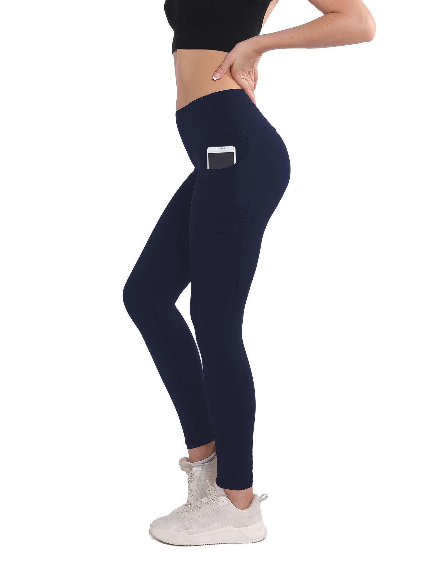 4-Pack High-Waisted Polyamide Yoga Pants with Pockets, Knit Fabric, Stretchy, Non-Waterproof, Belt Detail, Solid Color, for Leisure, Sports, and Yoga - Spring/Summer/Fall Collection